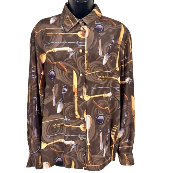 Vintage Louis Feraud Silk Blend Silverware Fork Spoon Knife Button Down Blouse